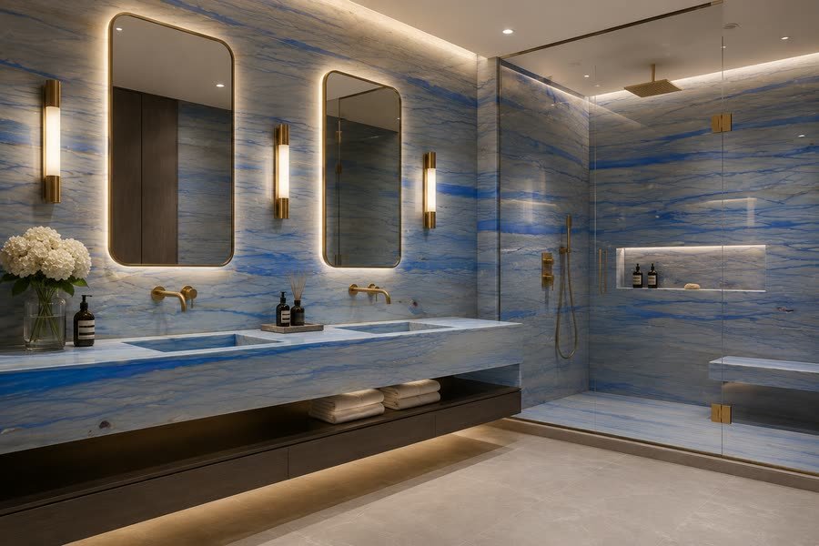 Rendered visualisation of a bathroom with blue and white veined stone across the wall, a long integrated double vanity in the same stone, two backlit mirrors, brass wall-mounted taps and a glass shower with a stone bench.