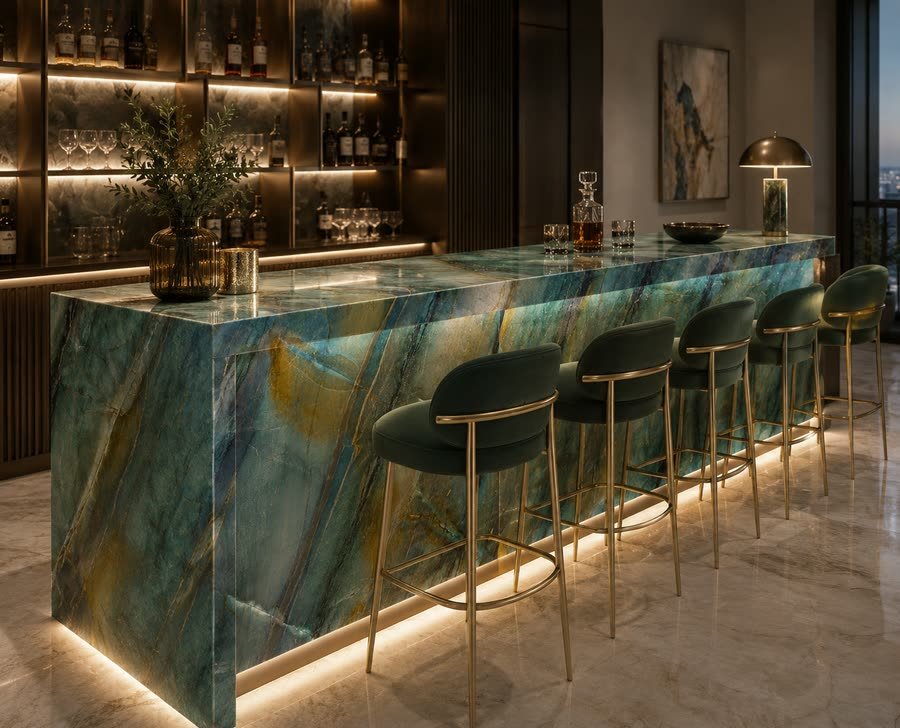 Rendered visualisation of a home bar with a long teal and gold veined stone counter with a waterfall edge, five dark green upholstered bar stools with brass legs, backlit bottle shelving and a warm-lit ceiling.