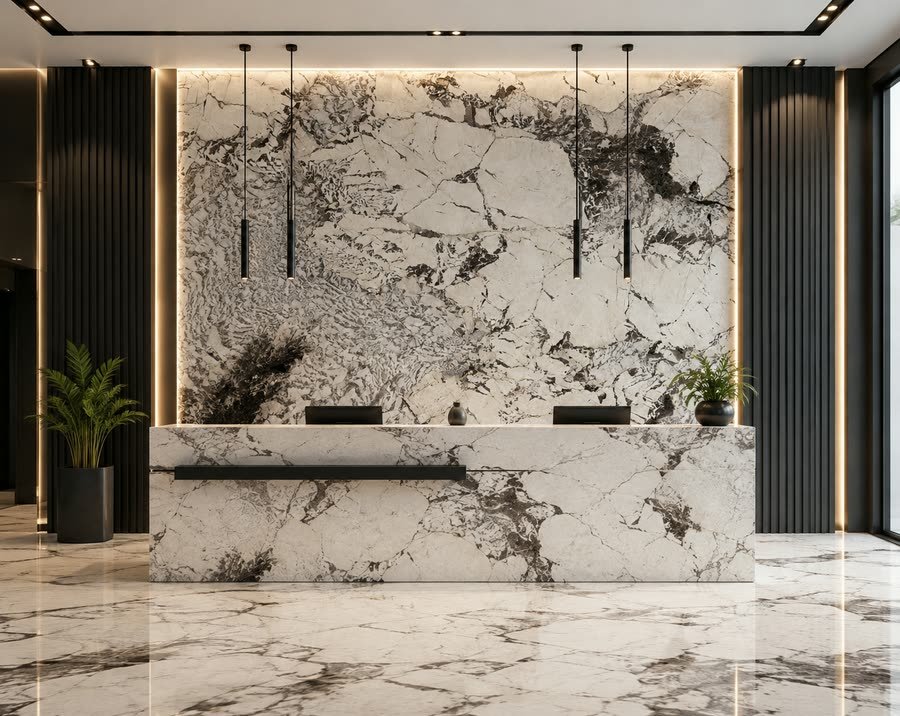 Rendered visualisation of a reception area with a large white and black veined stone panel lit from behind, a matching stone reception desk, black slatted walls, three slim pendant lights and potted plants.