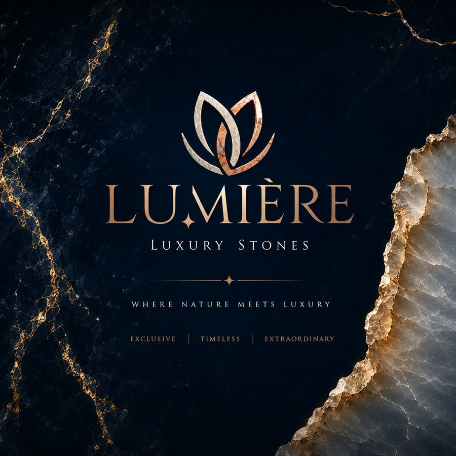 A square brand card on a deep navy stone-textured ground threaded with gold veining, with a pale gold and white marbled crag at the right, showing a stylised lotus mark above the word Lumiere, the line Luxury Stones, and the taglines Where Nature Meets Luxury and Exclusive, Timeless, Extraordinary.
