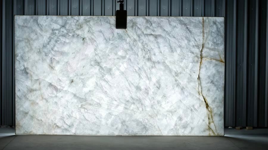 A large Crystallo Traslux slab standing upright against corrugated metal siding, held by an overhead lifting clamp, photographed on a concrete floor.