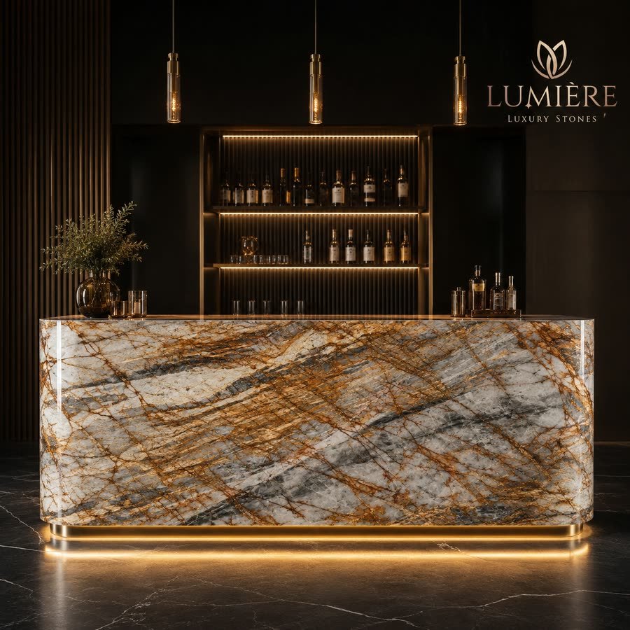 Branded graphic showing a bar counter clad in white stone with dense gold and rust veining, lit from beneath by a brass plinth, with three pendant lights and backlit bottle shelving behind, and the Lumière Luxury Stones wordmark in the upper right.