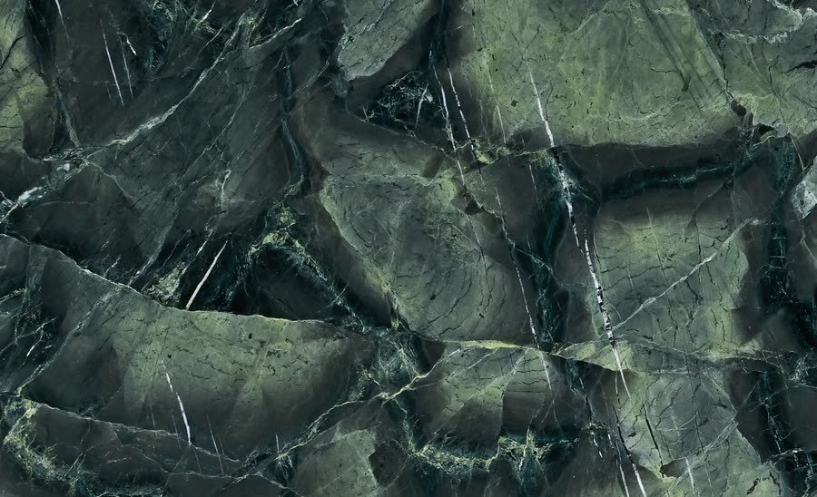 Lotus Green — close view of the stone surface. Deep green with grey-white movement.
