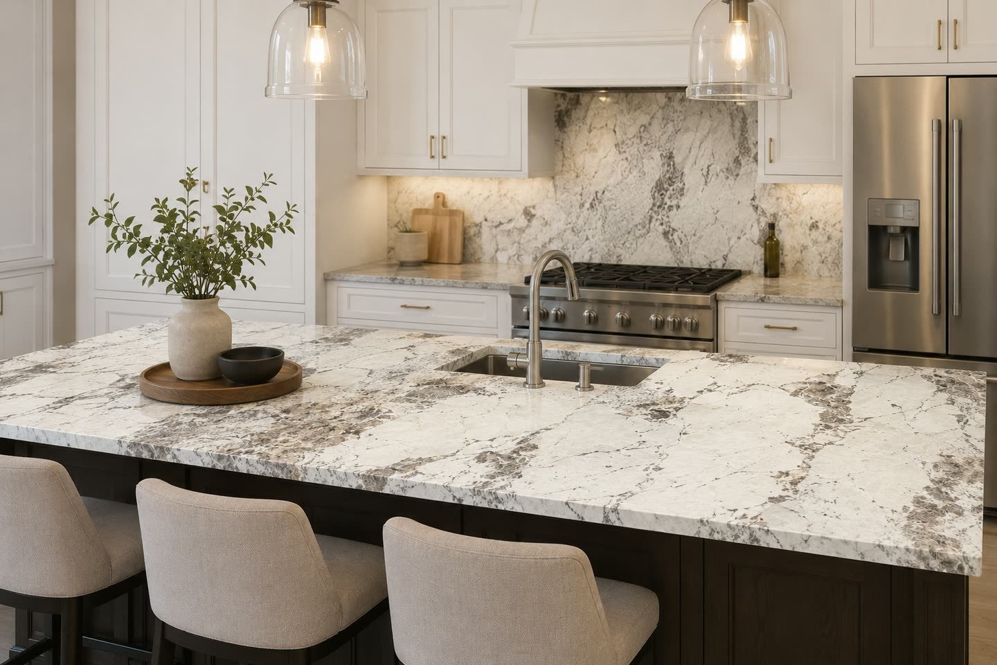 Visualisation of a kitchen with a grey and white veined stone island, matching splashback and pale cabinetry.