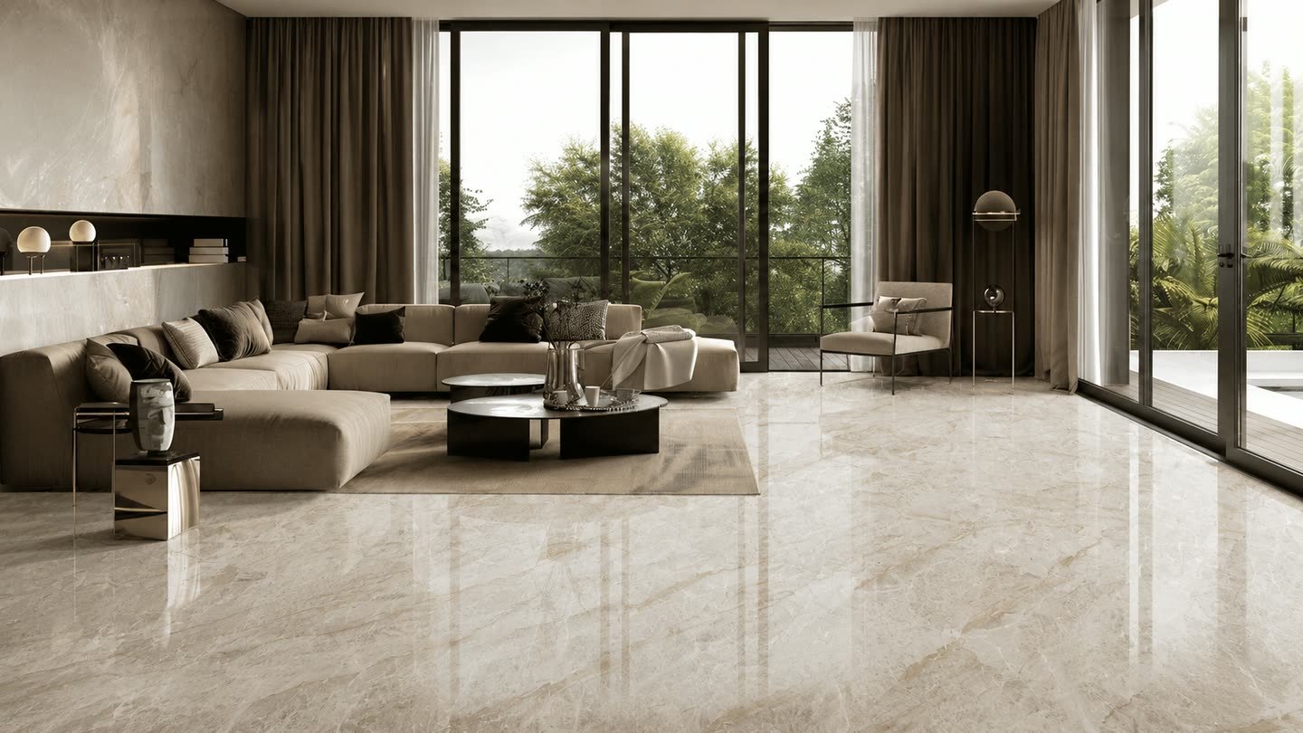 Visualisation of a living space with warm ivory stone flooring running to a glazed wall.